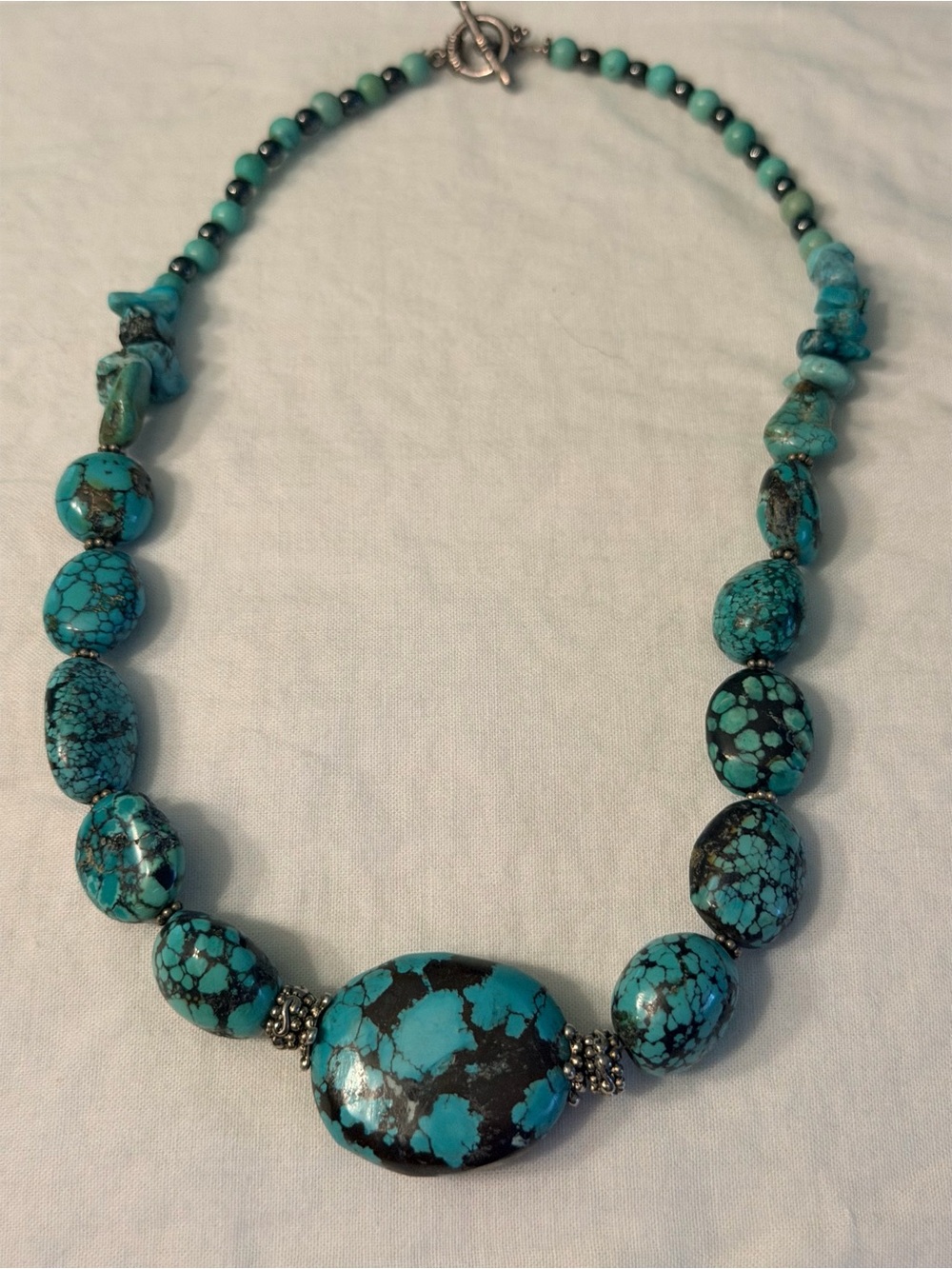 Turquoise Beaded Statement Necklace - Blue Green Stones with Black Matrix. 16”
